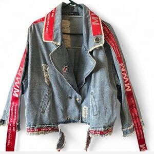 Shein women’s Denim Jacket with Red Accents XL